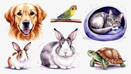 Fototapeta premium Adorable Pets Watercolor Set Dog Cat Rabbits Turtle Budgie