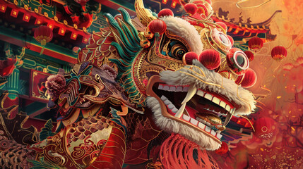 Obraz premium Chinese New Year parade, traditional festive theme, vibrant colors, rich red and gold details, detailed cultural elements, high-resolution illustration