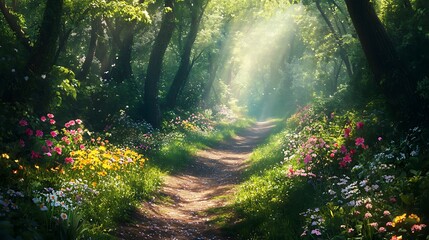 Golden sunlight filters through the leaves of ancient trees, painting the forest floor with dappled light and casting long shadows