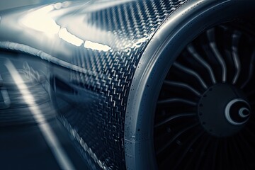 Close-up of a jet engine's carbon fiber casing and turbine blades.