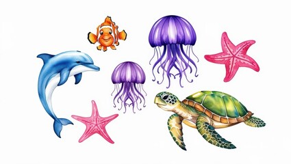 Fototapeta premium Cute Ocean Animals Dolphin Turtle Jellyfish Starfish Clownfish Illustration