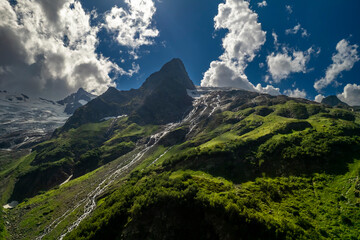 Aerial panorama overlooking mountain peaks. Landscape and nature of the North Caucasus