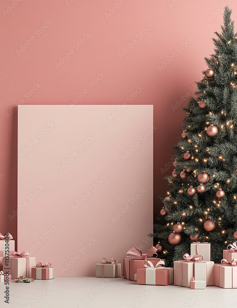 Poster mockup sits on a table next to a christmas tree and presents. the card is empty, but the tree and pr