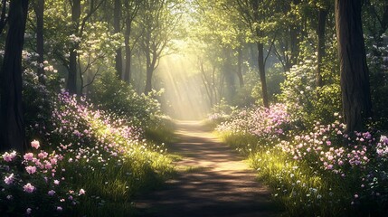 Obraz premium Golden sunlight filters through the leaves of ancient trees, painting the forest floor with dappled light and casting long shadows