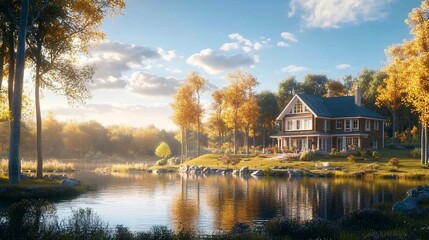 Obraz premium Lakeside autumn house, golden hour sunlight.