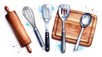 Watercolor Kitchen Utensils Rolling Pin Whisk Spatula Wooden Board