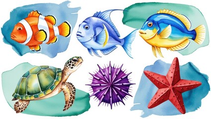 Obraz premium Watercolor Ocean Life Fish Turtle Starfish Sea Urchin