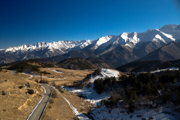 Aerial panorama overlooking mountain peaks. Landscape and nature of the North Caucasus