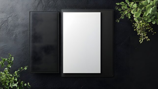 Blank Menu Mockup with Black Leather Covers and Greenery