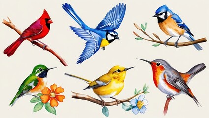 Colorful Birds Watercolor Painting Nature Wildlife Avian Spring Flowers Illustration Art Animal
