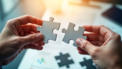 Two hands carefully assemble jigsaw puzzle pieces. Collaboration, teamwork concepts clear. Business partners work together to create solution, achieve success. Modern image suggests synergy, perfect