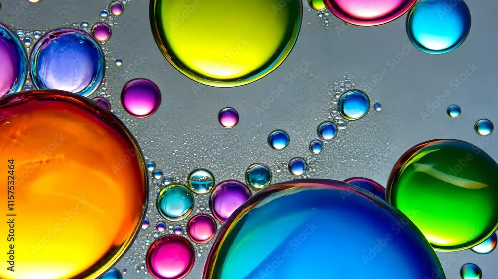 Poster colorful droplets float on a reflective surface creating a vibrant abstract display in bright lighti