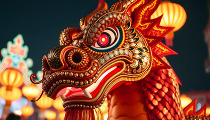 Obraz premium Close-Up of Dragon Head Costume for Chinese New Year, Featuring Detailed Craftsmanship with Glimmering Scales and Intricate Facial Features Illuminated by Bright Festival Lights