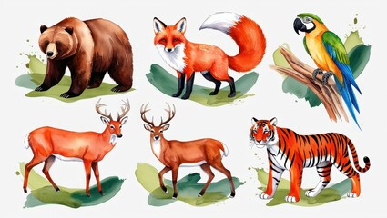 Obraz premium Watercolor Wildlife Collection Bear Fox Deer Tiger Parrot