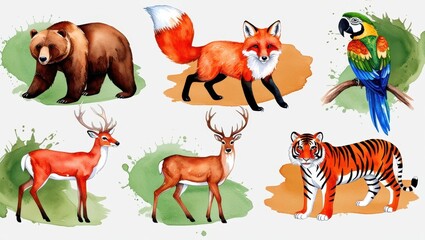 Obraz premium Watercolor Wildlife Set Bear Fox Deer Tiger Parrot