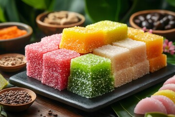 Colorful gelatin cubes displayed on serving tray with spices