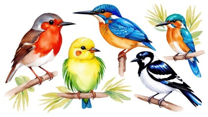 Watercolor Birds Robin Kingfisher Yellow Bird Magpie Wildlife Painting