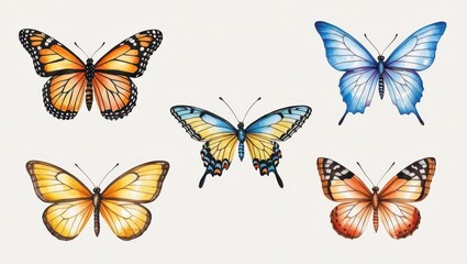 Colorful Butterfly Collection Watercolor Insects Nature Art Wildlife Spring Summer Entomology