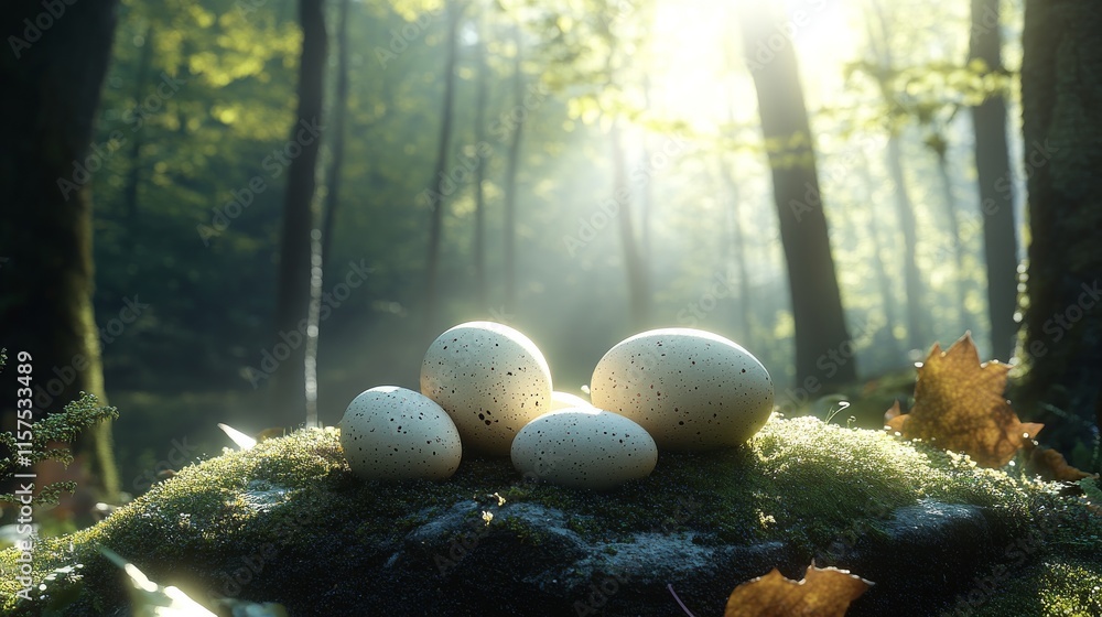 Aufkleber nest of eggs resting on a mossy stone surrounded by forest, capturing the tranquility of nature duri