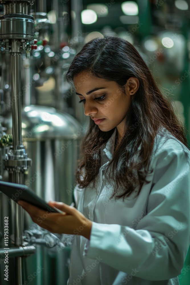 Poster scientist using digital tablet while working in pharmaceutical industrial factory