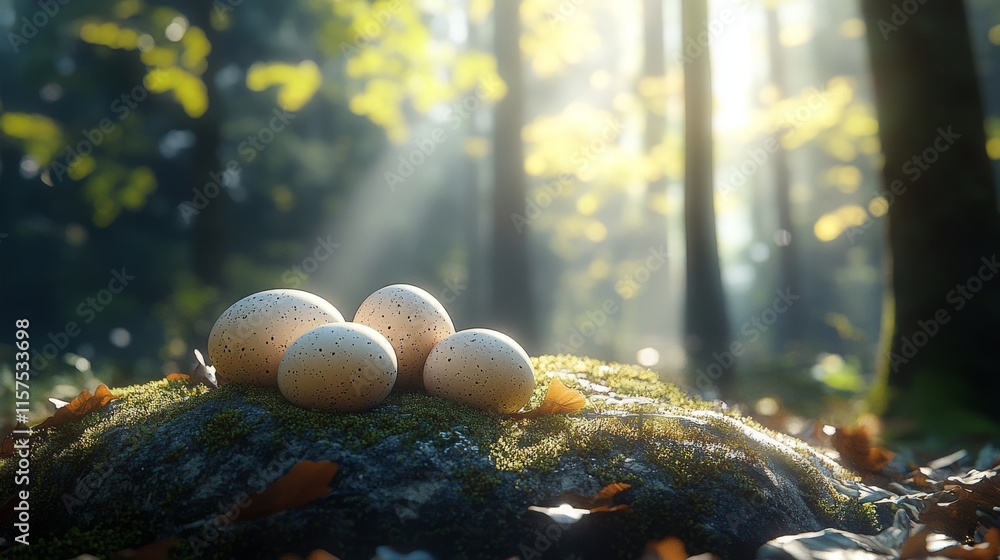 Poster nest with four speckled eggs resting on a mossy rock in a tranquil forest during early morning light