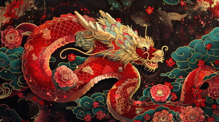 Obraz premium Chinese New Year snake-themed illustrations, traditional festive theme, vibrant colors, rich red and gold details, detailed cultural elements, high-resolution illustration