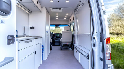 Mobile medical van interior view showing cabinets, sink, wheelchair accessible space, and driving area.