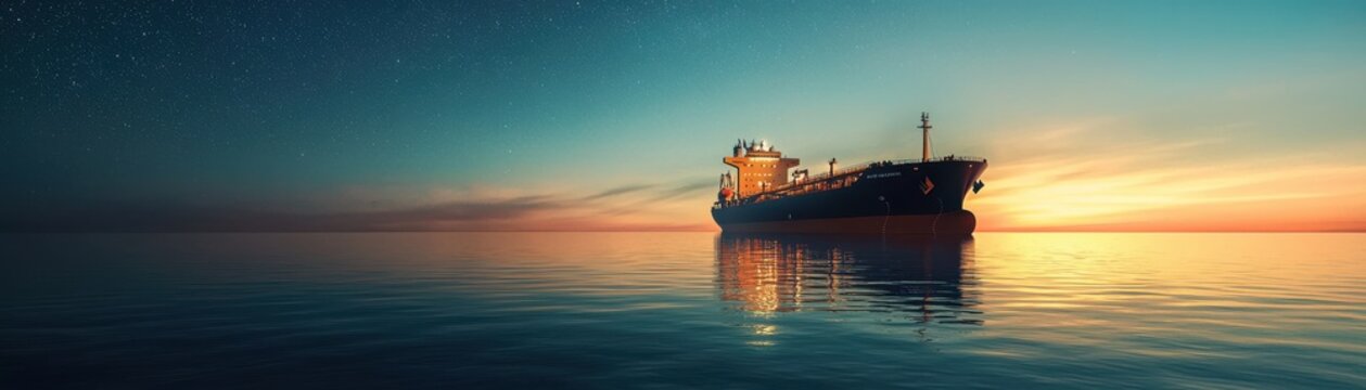 A cargo ship sailing peacefully at sunset on calm waters.