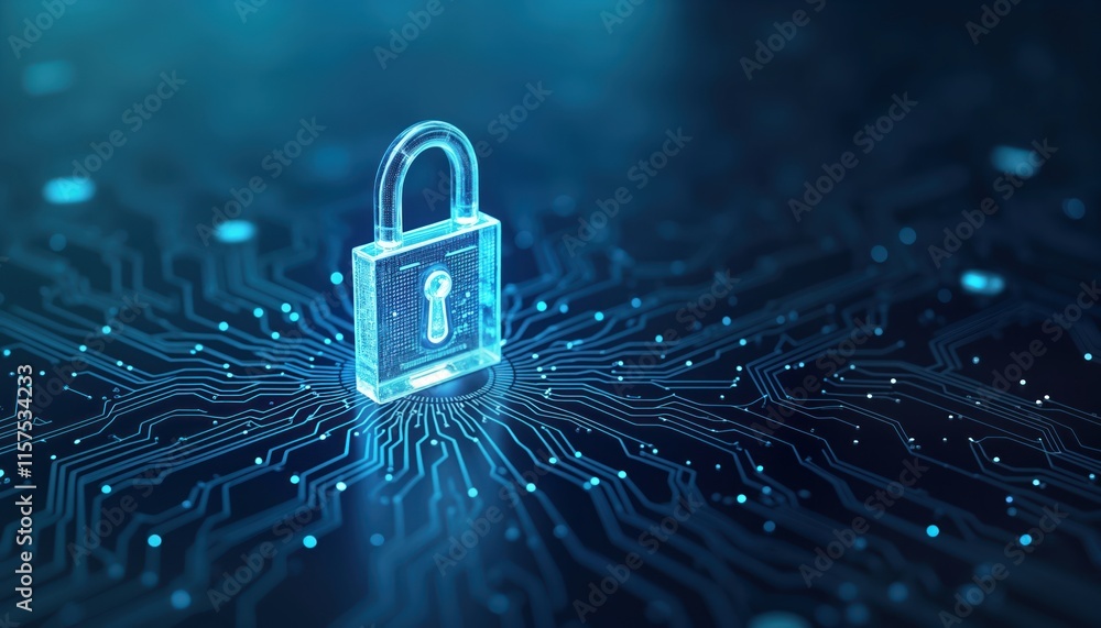 Aufkleber Digital lock graphic on dark blue circuit board background. Secure computing system. Modern tech illustration for cyber security. Fraud prevention concept. Privacy data network protection. Secure