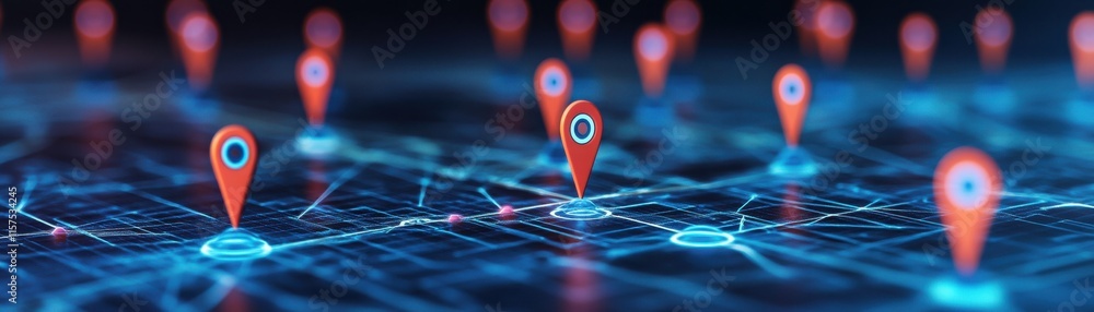 Poster abstract digital network with location pins for navigation.