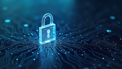 Digital lock graphic on dark blue circuit board background. Secure computing system. Modern tech illustration for cyber security. Fraud prevention concept. Privacy data network protection. Secure