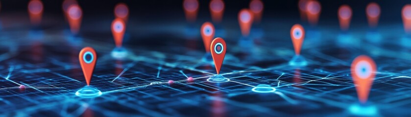 Abstract digital network with location pins for navigation.