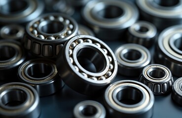 Obraz premium Closeup view of various ball bearings. Metal tech components. Precision engineering. Industrial machinery parts. Different sizes, types of bearings. Modern tech equipment. Silver metallic tech parts.