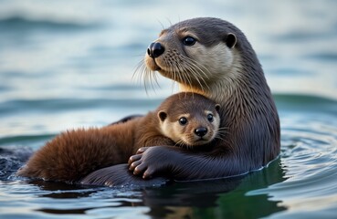Mother sea otter tenderly cuddling newborn pup in Alaskan water. Close up shows affection, care. Wildlife scene portrays family bond in natural environment. Adorable animals in habitat. Lovely image