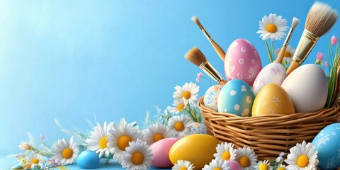 A beautifully charming Easter basket brimming with an array of colorful eggs along with paintbrushes, all surrounded by cheerful daisies, perfectly reflecting the joy of springtime celebrations