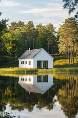 Fototapeta premium A white modern house stands on the edge of an ancient forest lake, surrounded by trees and grasses. The reflection in the water is visible, creating a picturesque scene.