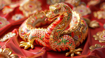 Fototapeta premium Chinese New Year snake figurines, traditional festive theme, vibrant colors, rich red and gold details, detailed cultural elements, high-resolution illustration