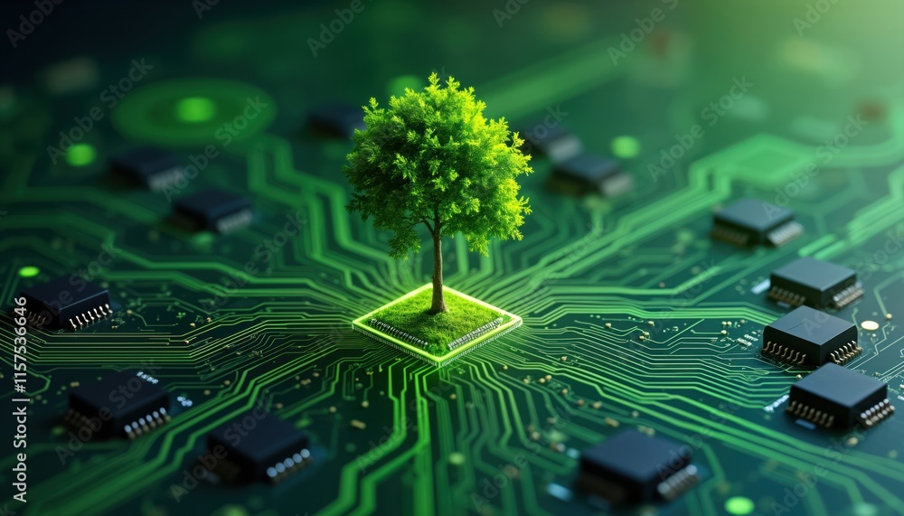 Poster small tree grows on circuit board. eco tech concept. green computing illustration. modern technology