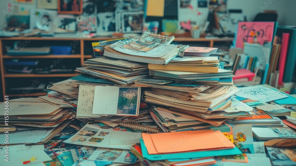 Poster a cluttered workspace filled with stacks of papers and creativity.