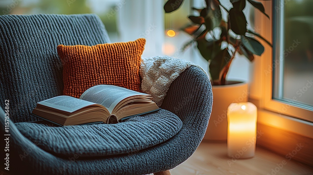 Aufkleber cozy reading nook with an open book, a warm glow from a candle, and a decorative pillow in a sunlit 