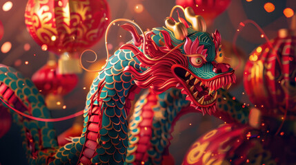 Obraz premium Chinese New Year snake lanterns, traditional festive theme, vibrant colors, rich red and gold details, detailed cultural elements, high-resolution illustration