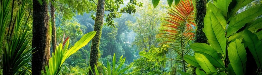 Fototapeta premium Lush tropical forest filled with vibrant greenery and sunlight.