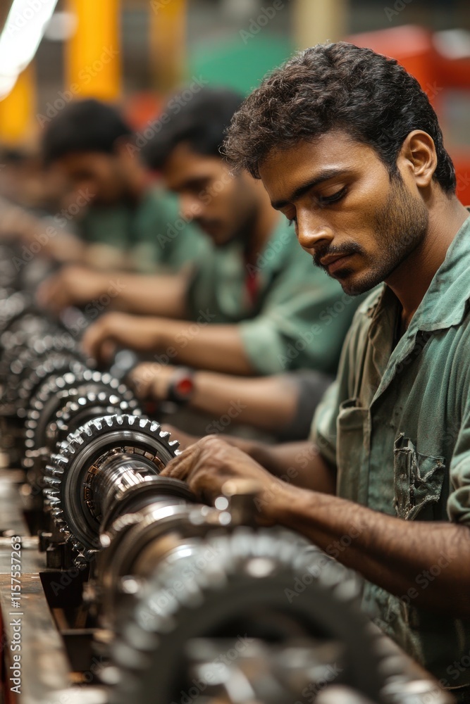 Aufkleber Workers assembling mechanical gears in factory production line