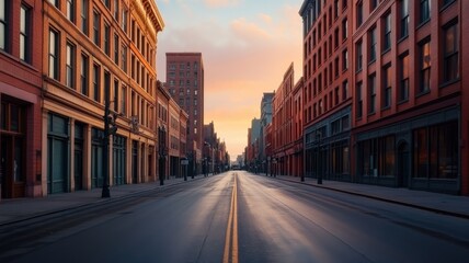 Obraz premium Abandoned city street at dawn with empty roads and beautiful buildings.