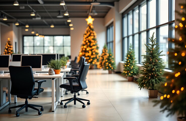 Modern office space decorated for Christmas. Empty desks, chairs line room. Small Christmas trees with warm lights placed along windows. Large Christmas tree in background. Holiday interior with