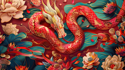 Fototapeta premium Chinese New Year snake paper cuttings, traditional festive theme, vibrant colors, rich red and gold details, detailed cultural elements, high-resolution illustration
