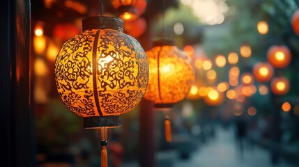 A serene scene of illuminated chinese lanterns creating a warm ambiance in an outdoor setting.