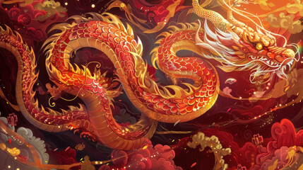 Chinese New Year snake zodiac art, traditional festive theme, vibrant colors, rich red and gold details, detailed cultural elements, high-resolution illustration