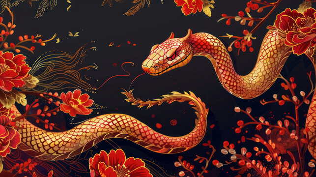 Chinese New Year snake zodiac art, traditional festive theme, vibrant colors, rich red and gold details, detailed cultural elements, high-resolution illustration