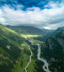 Beautiful aerial view of the mountain gorge. Landscape and nature of the North Caucasus